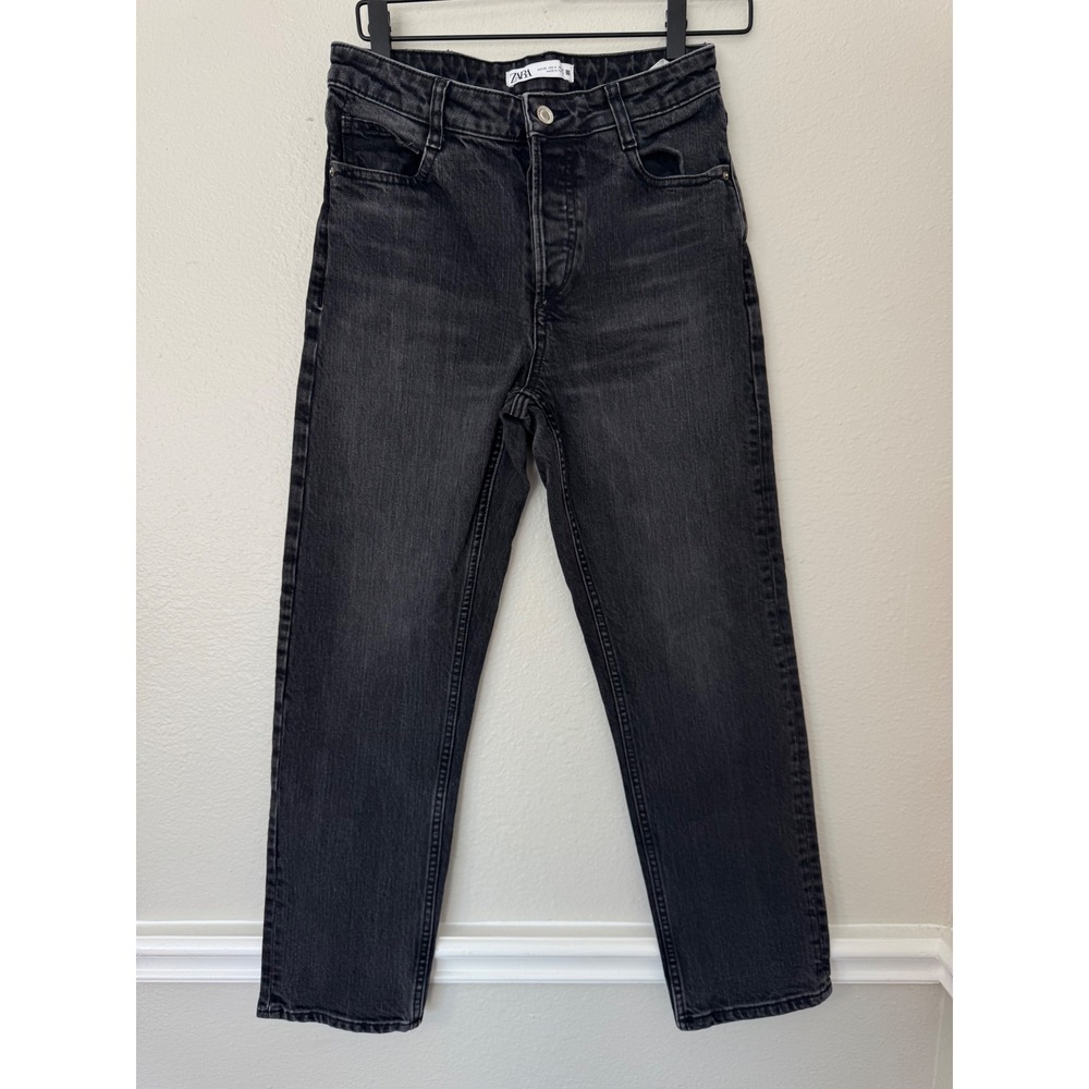 Zara Woman Jeans Black Denim High Waist Button Fly Straight Leg Size 4